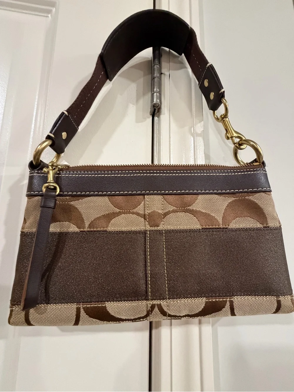 Coach Brown Signature Canvas Shoulder Bag with Gold Hardware